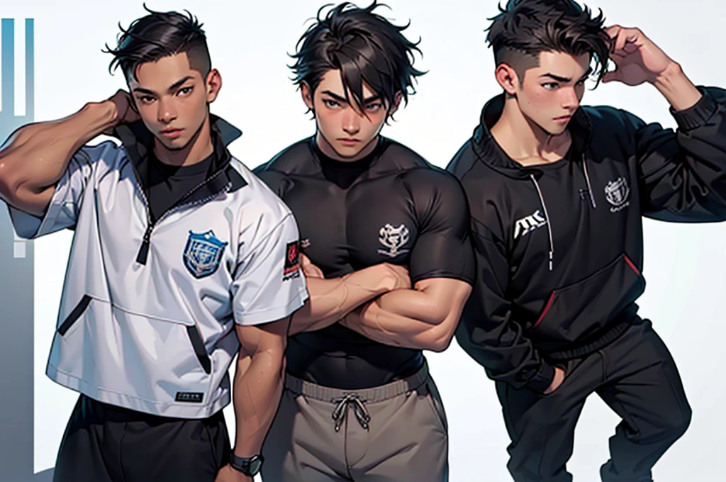 ((masterpiece, best quality, extremely detailed, highres, 8k, detailed face)),4boys,Four boys surfers arm in arm, full body description, short black hair, university students