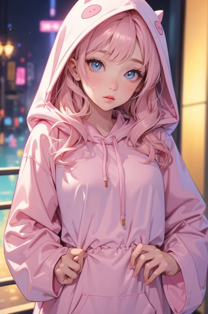 adult  woman, Age 22; long hair, pretty and pink, curly hair; light yellow eyes, angelic and beautiful face with flushed cheeks, rosto ultra detaild; (( wearing cute hooded kigurumi pajamas )); best qualityer, ultra detaild, best resolution, 4K, soft strokes, role model, work of art, closes; dimly lit room in the background, focus on the character, blurry background 