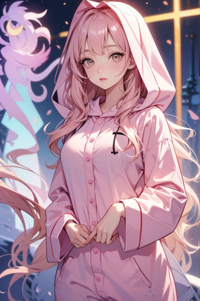 adult  woman, Age 22; long hair, pretty and pink, curly hair; light yellow eyes, angelic and beautiful face with flushed cheeks, rosto ultra detaild; (( wearing cute hooded kigurumi pajamas )); best qualityer, ultra detaild, best resolution, 4K, soft strokes, role model, work of art, closes; dimly lit room in the background, focus on the character, blurry background 