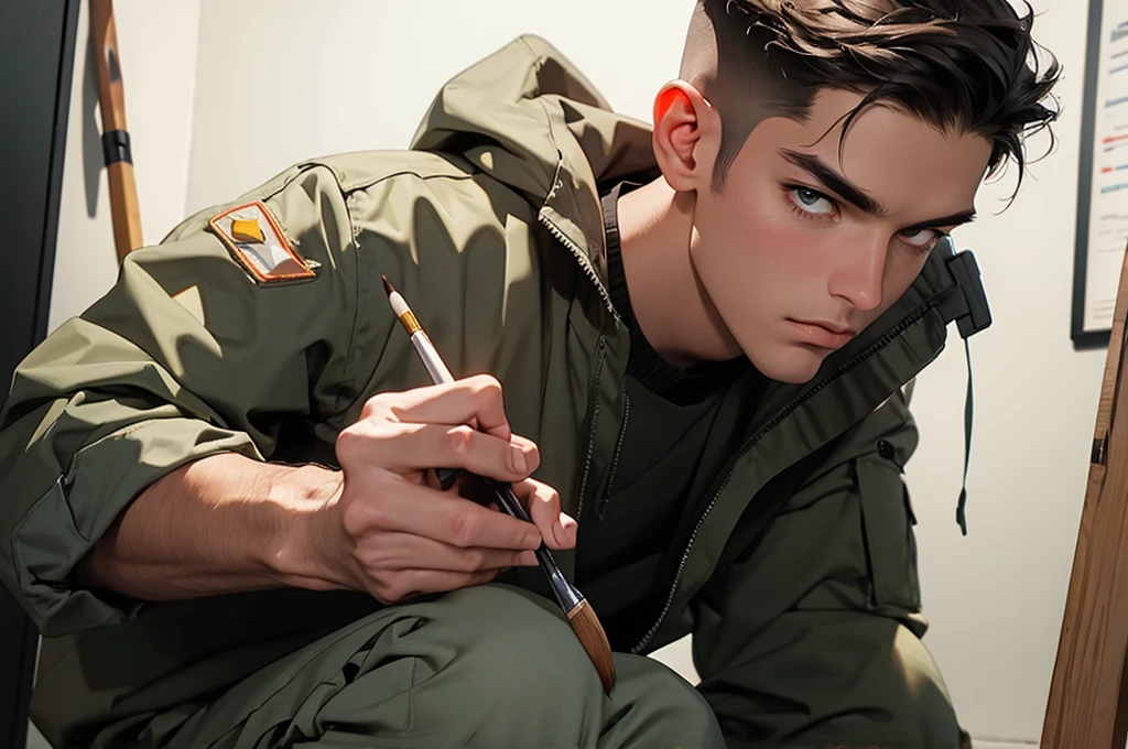 male modern soldier is holding paintbrush, high resolution, max detail, 16k,