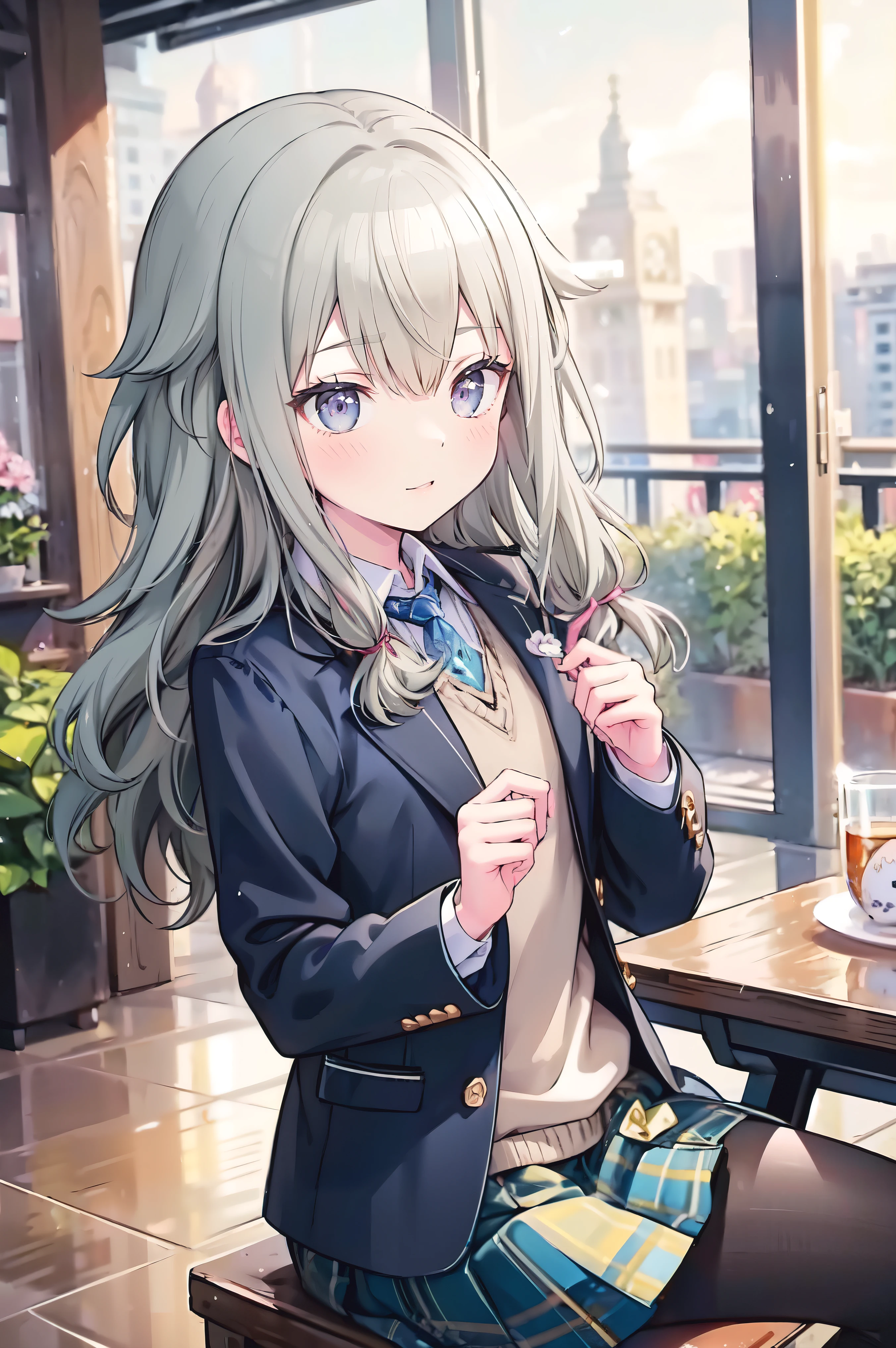 (8k, 最high quality)、Ultra-high resolution、adorable、最high quality, beautiful, Absurd beauty、masterpiece、Best image quality、(Front facing)、good feeling、smile,Face the camera、Delicate eyes、smile、Small face、female、1 person、masterpiece, Most detailed、、blazer、skirt、 high quality、Shiny Hair、Very fine and beautiful bright eyeedium chest、nose blush、Very detailed, clear and beautiful face, Awards, (Anatomically correct)、The whole body is visible、Focus on the face