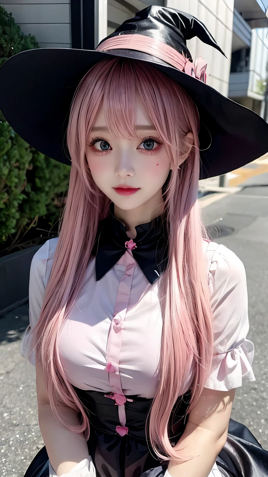 Yuno Gasai from anime "Diary of the Future", Dressed as a witch, Darling, beautiful, Sexy, depraved, anime, pink hair, eyes hearts, blush on cheeks