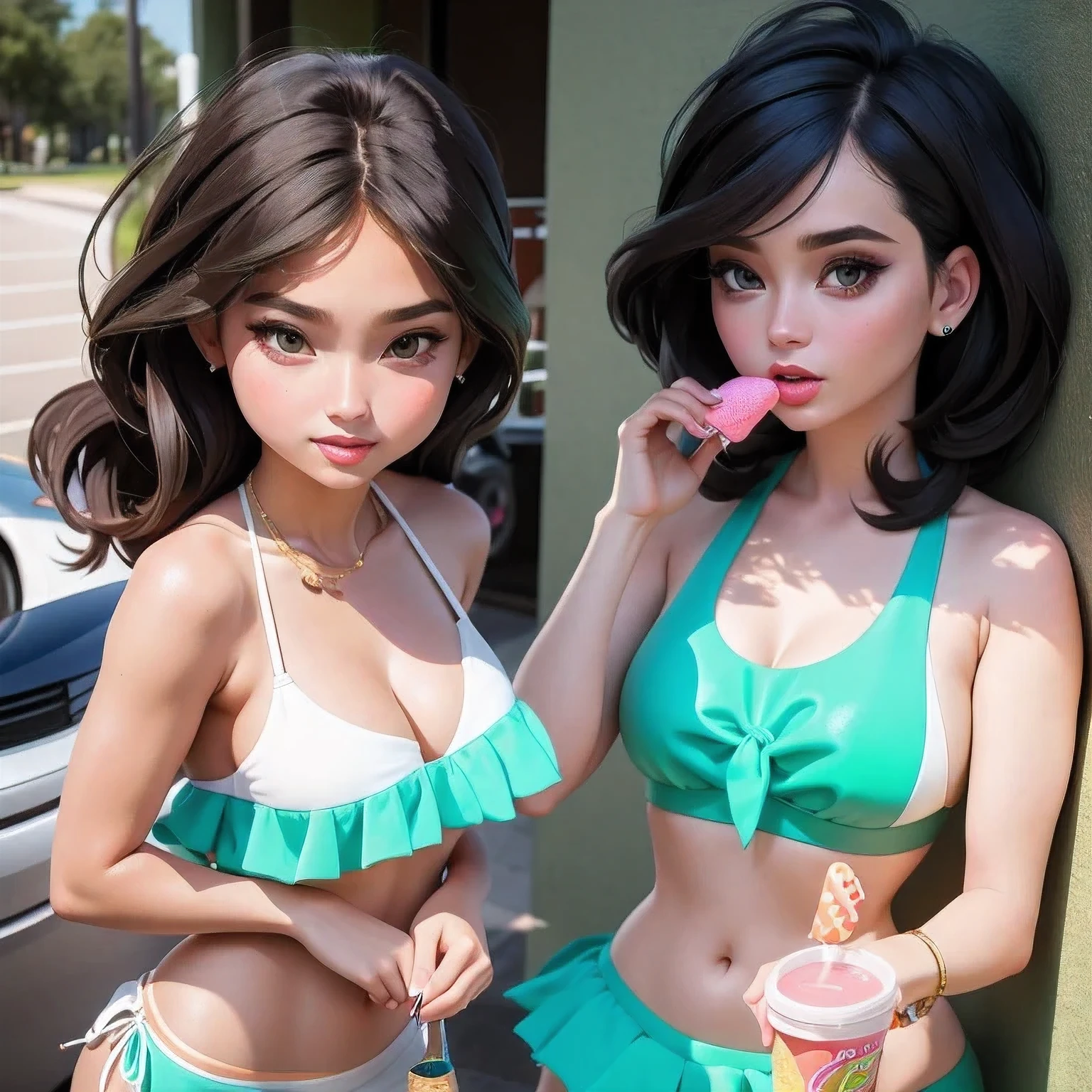 araffe1 girl in a bikini eating an ice cream cone, eating ice cream, in a bikini, angela white, giorgia meloni, katy perry, in bikini, eating ice - cream, wearing spandex bikini, ice cream on the side, bikini, ice cream, wearing a bikini, candid photo of dirty, shiny plastic bikini, candid shot, cone, 1 girl, solo,in a green dress standing by a wall,portrait of female idol,