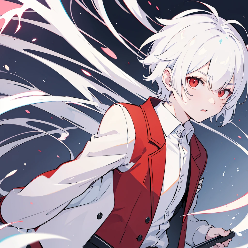 A solo cat boy, With white hair, red eyes, , wearing jacket, bust up!!!!!!!!!,cute boy in school, memegang permen