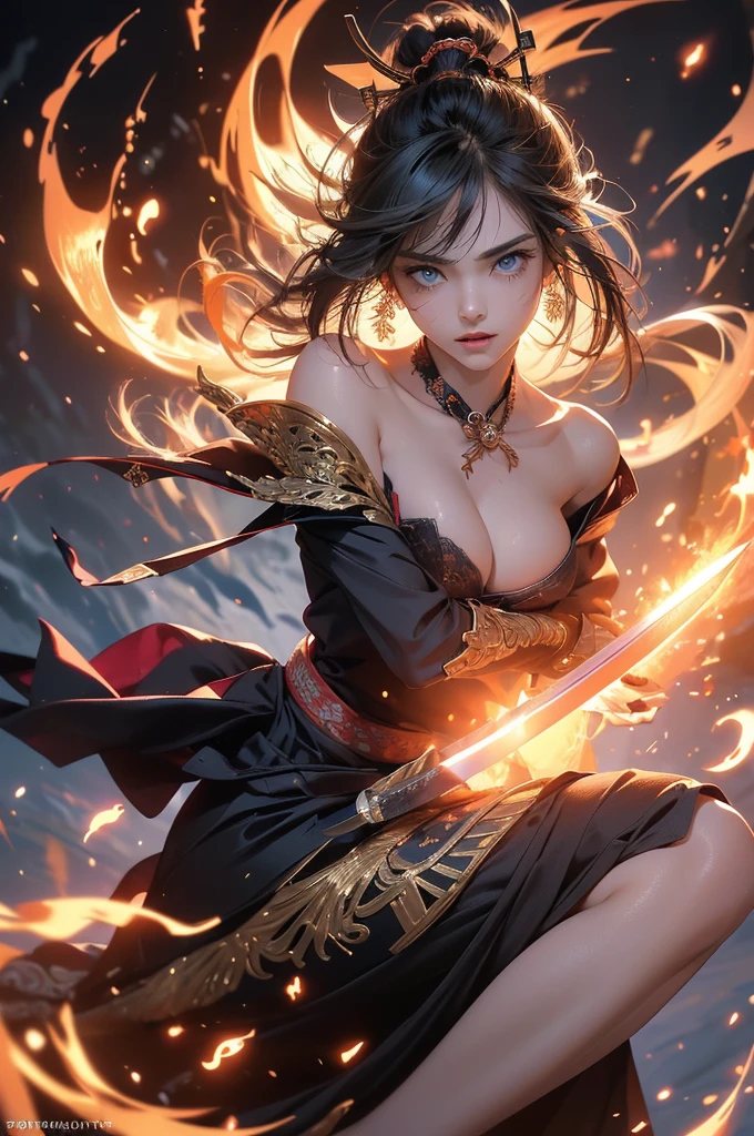 (Full body), (RAW shooting, Photoreal:1.5, 8k, highest quality, masterpiece, ultra high resolution), Sengoku, Japanese architecture on fire:1.5, Wars flaring up everywhere:1.3, perfect dynamic composition:1.2, Highly detailed skin and facial textures:1.2, (Slim female samurai, holding with a sharp Japanese sword:1.3), Fight:1.2, beautiful and aesthetic, cute and sexy beauty, perfect style:1.2, wear elaborate rings,(surrounded by detailed beautiful fire),Fair skin, very beautiful face, (Medium chest, cleavage), (smirk, The expression on your face when you meet your match in the war, intense caress, Facial expression when feeling pleasure), (Wearing a sexy Sengoku uniform:1.1, (off shoulder), (very small tattoo with shoulder) ), (beautiful blue eyes, Eyes that feel beautiful eros), (Too erotic, Bewitching), full body shot