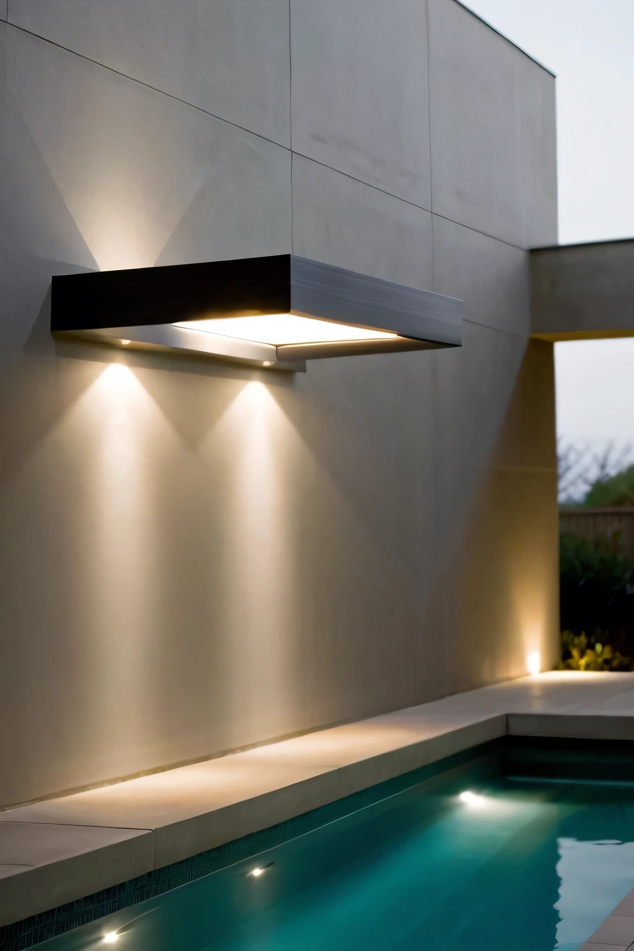pool modern house evening close up to wall lights