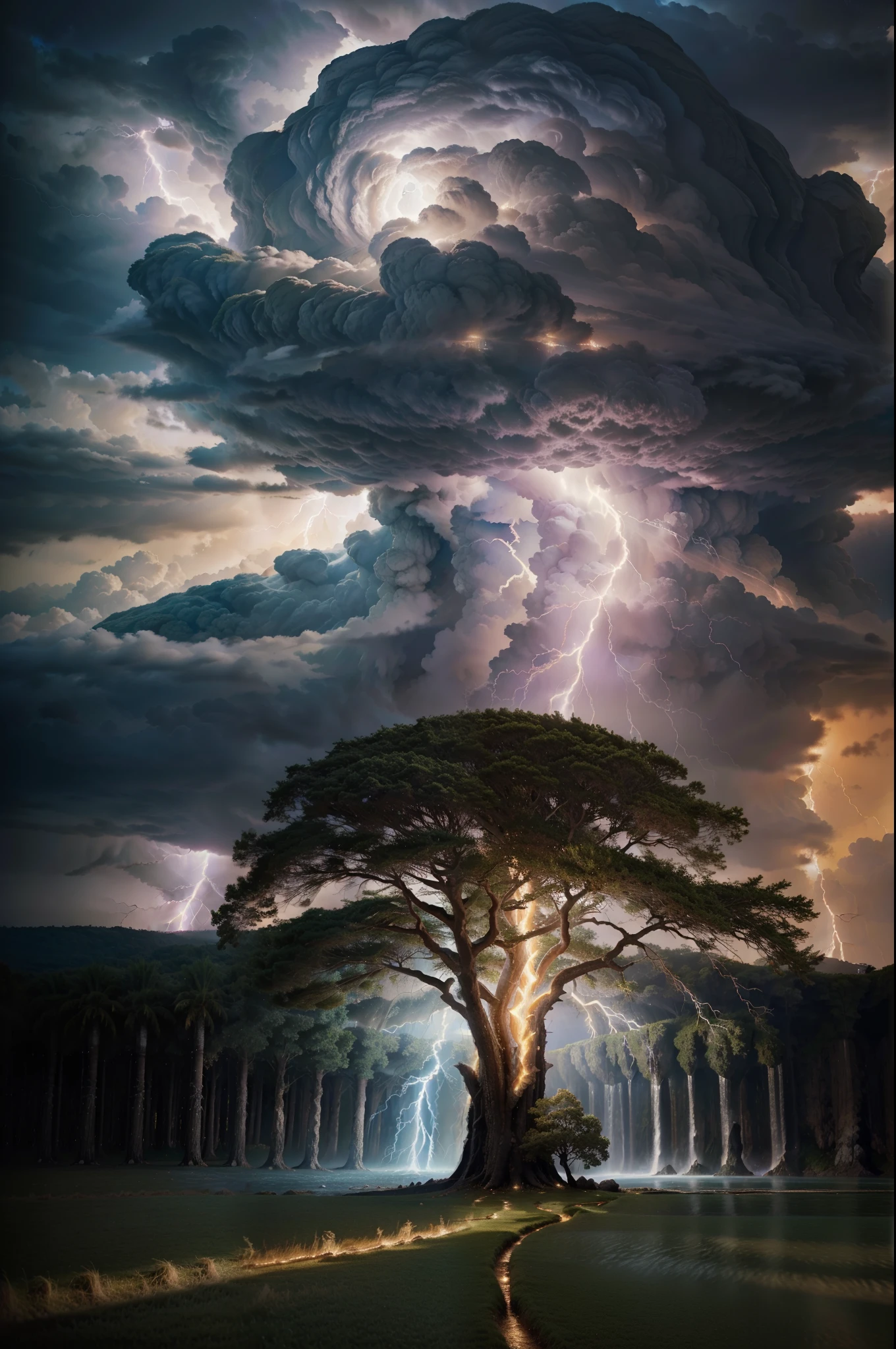 Surrealism, surrealistic, futurist, Surrealism Realm, Surrealism do Céuo, Heavenly Tree, big tree, paisaje, panorama, Heaven heaven, naturals, palmtrees, Cedars, forst, Rivers of water, Thunder Light, Detailed realistic FullHD photorealism, majestic, appealing, fire, villany,  thunder, Sky thunder, stele, photorrealistic 6K, Detailed UltraHD, detailed colors 8k, Elegant beauty, floor, stele, lightning strikes, heavens, céu Godlike, tempest, Towards the heavens, heavenly, Godlike, photorrealistic, Rendering, 4K, 8k, detailed textures, detailed shadows, padoru, detailed colors, God&#39;s Heaven, UltraHD 16K Details, Texturas photorrealistics de 16K, detailed sharpness 16K, detailed sharpness, detailed colors, realistic shadows, ultra realistic textures, high power, natural beautifuls, natural colors, realistic contrast, Texturas photorrealistics, detailed colors, lifelike colors, detailed shadows, Textuta photorrealistic FullHD, Sombras photorrealistics 8k, HD photorrealistic, Detalhes ultra-realistas de 8k, Cor photorrealistic 4K, FullHD Detailed Lights, Texturas Detalhadas photorrealistics 8k, Nitidez photorrealistic, villany, detailed 4k, ultra detaild, realistic contrast de 8k, detailed sharpness, cores Ultra HD, chic, Divine Light, Surrealism Realm, Surrealism God's Light, Surrealism Sky Path, Thunders, The End of Time, Final of World, God's Power,
