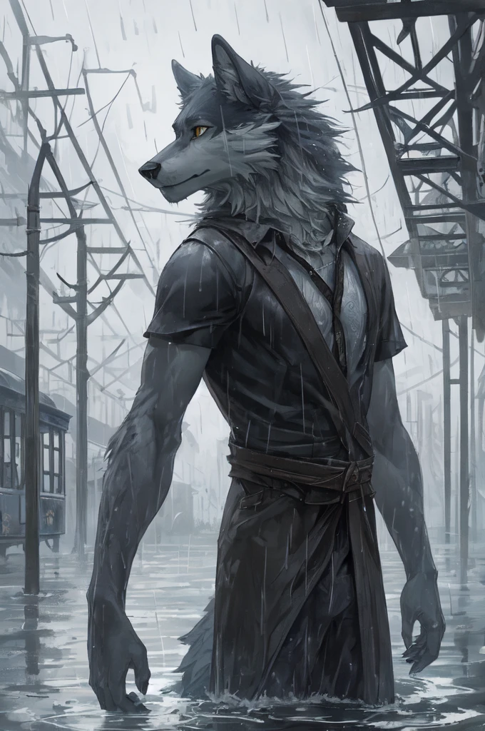 masterpiece, best quality, Perfect anatomical structure,New Jersey 5 Furry,Beast field,
Solitary,male,anthropology,Wolf,Loose clothing, Moderate,
Bright Eyes, Delicate eyes, Looking at the audience,
TRAIN STATION, Water Drop, Gray sky, rain, FOG,