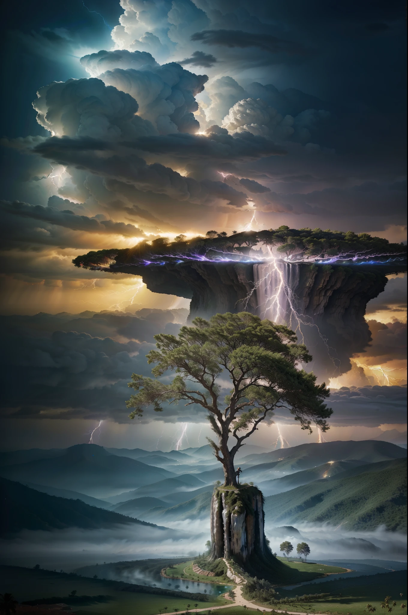 Surrealism, surrealistic, futurist, Surrealism Realm, Surrealism do Céuo, Heavenly Tree, big tree, paisaje, panorama, Heaven heaven, naturals, palmtrees, Cedars, forst, Rivers of water, Thunder Light, Detailed realistic FullHD photorealism, majestic, appealing, fire, villany,  thunder, Sky thunder, stele, photorrealistic 6K, Detailed UltraHD, detailed colors 8k, Elegant beauty, floor, stele, lightning strikes, heavens, céu Godlike, tempest, Towards the heavens, heavenly, Godlike, photorrealistic, Rendering, 4K, 8k, detailed textures, detailed shadows, padoru, detailed colors, God&#39;s Heaven, UltraHD 16K Details, Texturas photorrealistics de 16K, detailed sharpness 16K, detailed sharpness, detailed colors, realistic shadows, ultra realistic textures, high power, natural beautifuls, natural colors, realistic contrast, Texturas photorrealistics, detailed colors, lifelike colors, detailed shadows, Textuta photorrealistic FullHD, Sombras photorrealistics 8k, HD photorrealistic, Detalhes ultra-realistas de 8k, Cor photorrealistic 4K, FullHD Detailed Lights, Texturas Detalhadas photorrealistics 8k, Nitidez photorrealistic, villany, detailed 4k, ultra detaild, realistic contrast de 8k, detailed sharpness, cores Ultra HD, chic, Divine Light, Surrealism Realm, Surrealism God's Light, Surrealism Sky Path, Thunders, The End of Time, Final of World, God's Power,