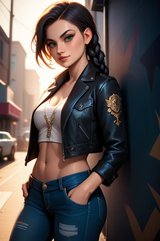 Hungarian woman with an athletic and toned physique; striking features with high cheekbones; green eyes; long, dark hair often styled in intricate braids; 'light olive' skin; best quality; trending on artstation; complex volumetric lighting; strong shadows; artistic lighting; dynamic; energetic vibe; realistic skin; specular highlights; micro-textures; highly detailed hair; in a dimly lit alleyway; dystopian aesthetic; wearing a leather jacket and denim jeans, holding a pistol