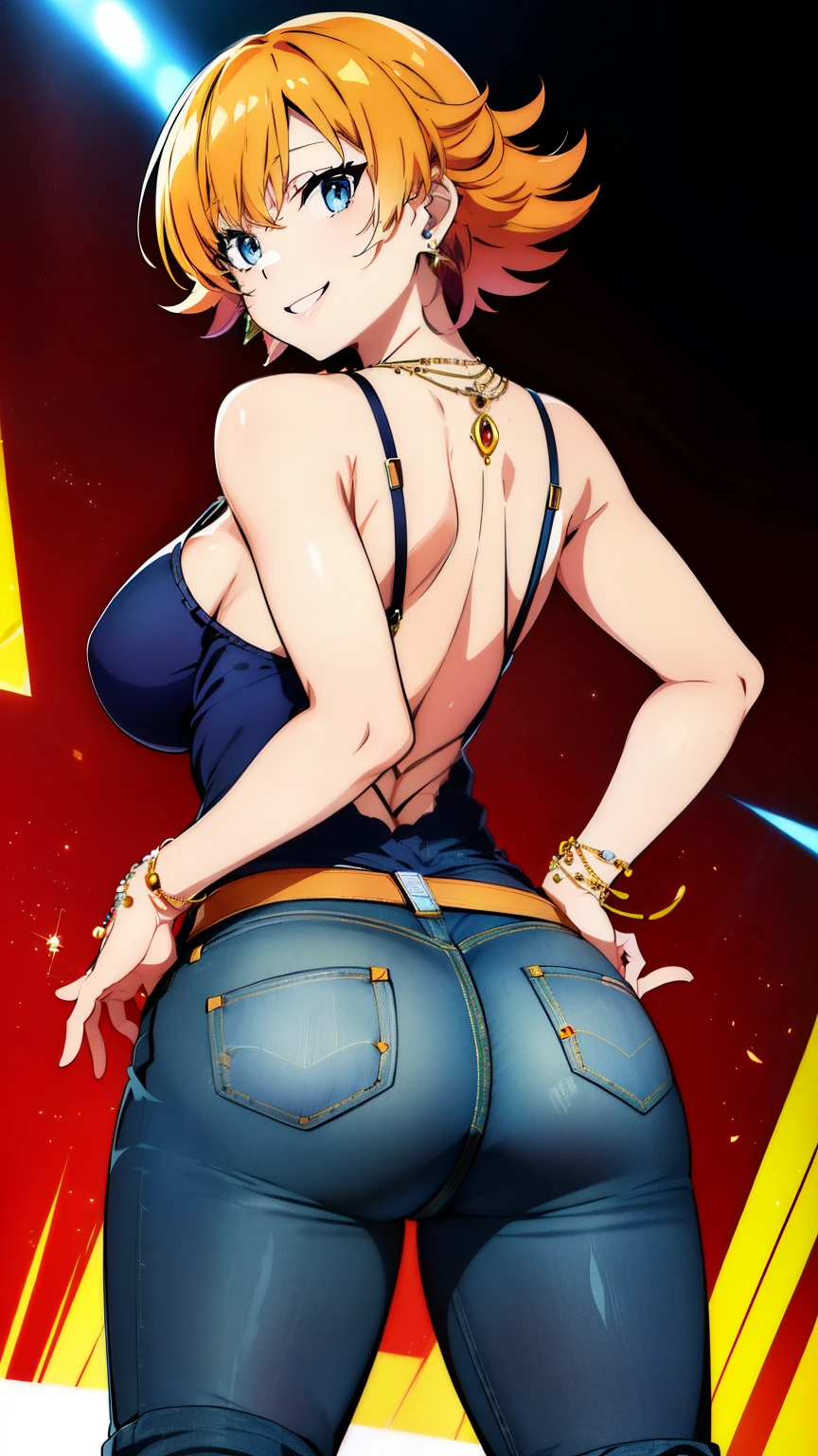 (masterpiece,best quality, 8k:1.2),(anime),1girl,mature female,igawa sakura,(Dark blue eyes, Eye light: 1.2), medium breast,wide hips, ((Earrings, jewelry, Denim dress, Denim pants), (back, Showing her ass), Smile), dynamic poses, dynamic angles