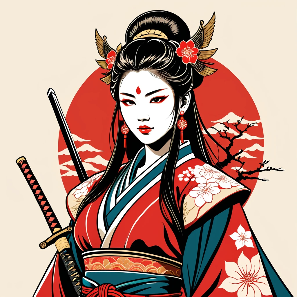 female warlord in japanese folk outfit ,vector graphics, strong contours, logo design