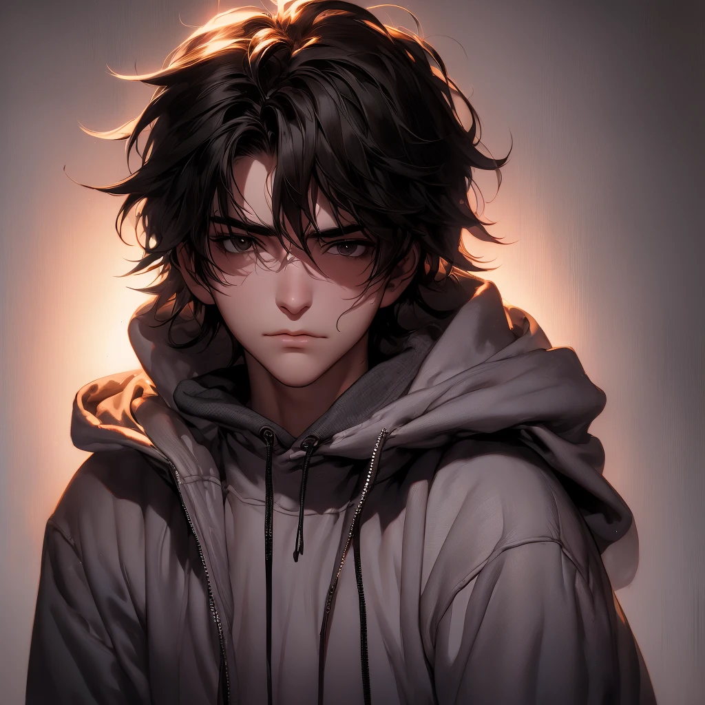 man with messy hair dark circles under eyes , lazy , wearing a hoodie