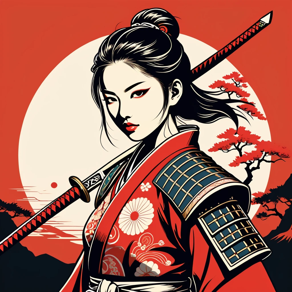 female warrior in japanese folk outfit ,vector graphics, strong contours, logo design