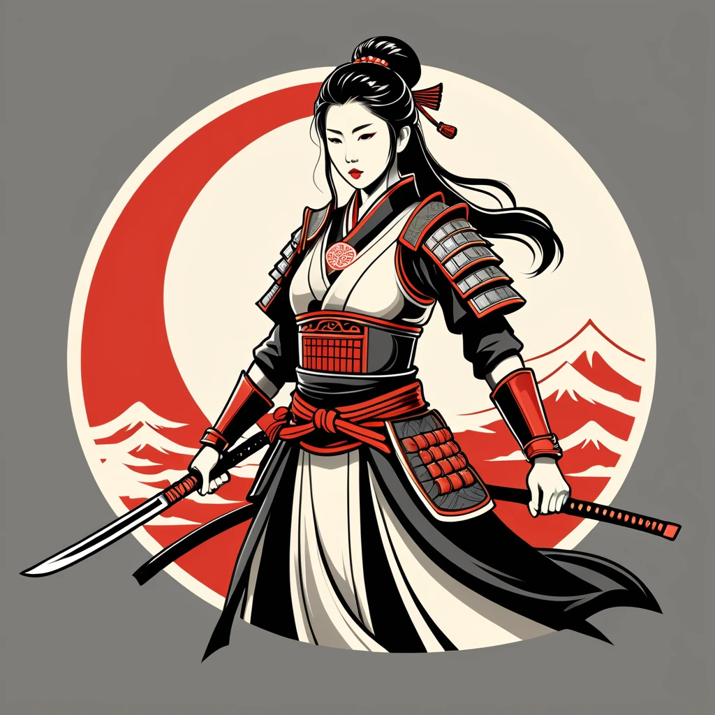 female warrior in japanese folk outfit ,vector graphics, strong contours, logo design