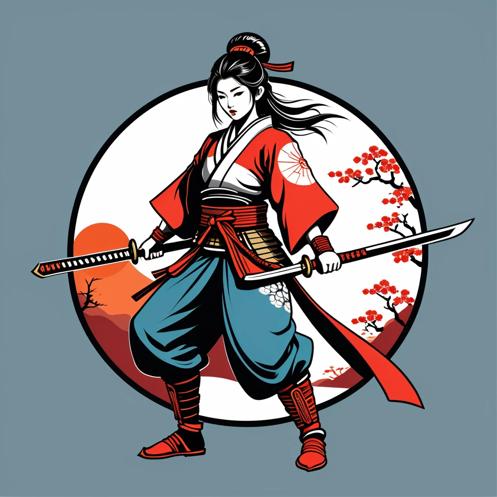 female warrior in japanese folk outfit ,vector graphics, strong contours, logo design