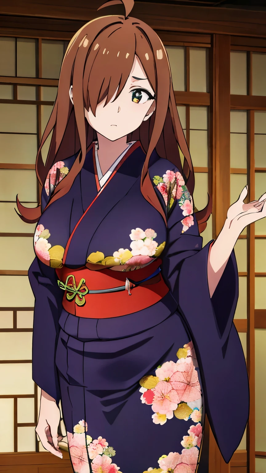 (best quality,8k,high-resolution,masterpiece:1.2),ultra-detailed, anime art style, dynamic angle, detailed brown hair, detailed eyes,wiz,1 girl, solo, adult style, large breasts, soft expression, long hair, ahoge, side lock, hair covering one eye,(japanese clothing, red kimono, long sleeves, floral print, sash, indoor:1.3)