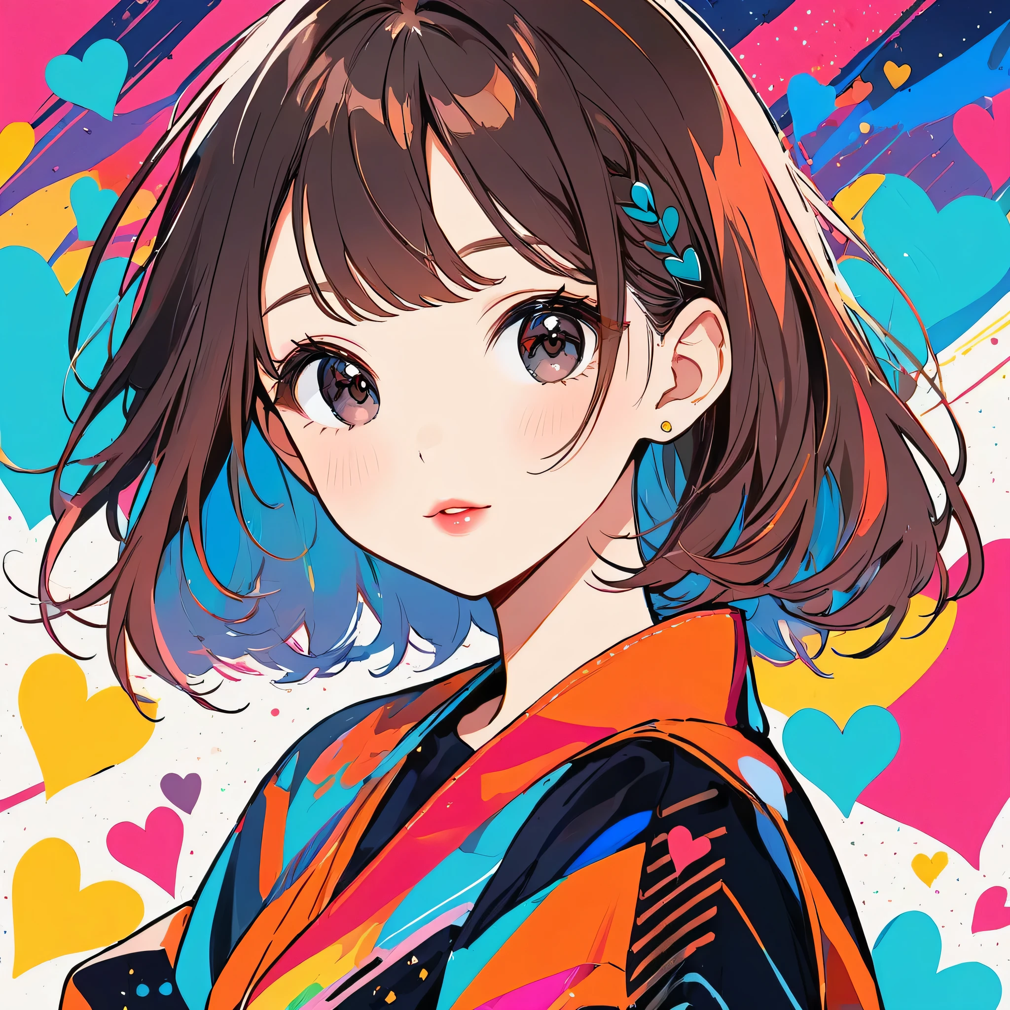 Mika Pikazo colorful style, Simple Line Initialism,Abstract art,Urban Background, (((The most beautiful girl of all time))), Sweet face. Lips in love, colorful hearts, stylish design, black eyes