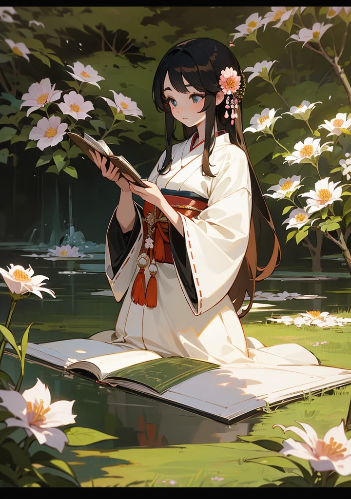 A photo of a beautiful girl in a traditional Japanese dress looking at an old Japanese book in a garden surrounded by old walls on a quiet night,((His right holds a flower)),((masterpiece)),realist,4k,extremely detailed,((Beautiful big eyes))