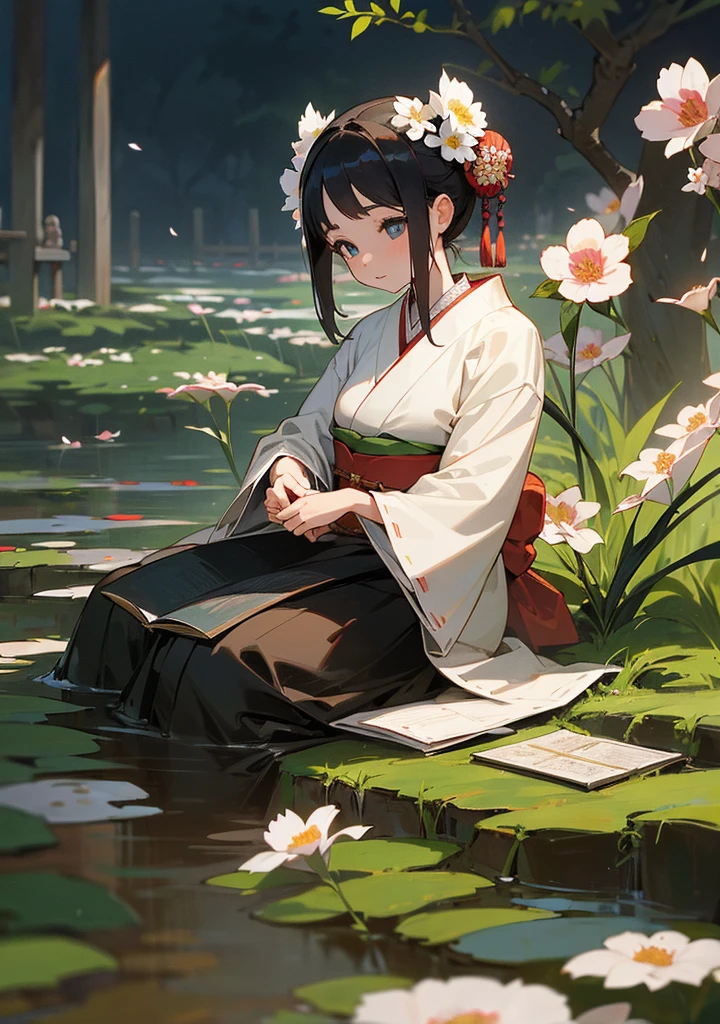 A photo of a beautiful girl in a traditional Japanese dress looking at an old Japanese book in a garden surrounded by old walls on a quiet night,((His right holds a flower)),((masterpiece)),realist,4k,extremely detailed,((Beautiful big eyes))