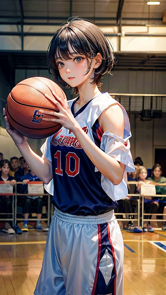 cowboy shot,looking at viewer,dribbling a basketball,,smile,sportswear for basketball, adorable, japanese girl, Hair brown hair,Braid, hair scrunchie, (high color saturation:1.0), highest quality, ultra high resolution, photo-realistic, Super detailed, 8K, RAW photo NSFW
