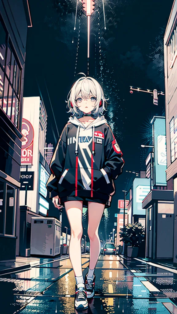 masterpiece, anime girl alone, incredibly absurd, hoodie, headphones, street, outdoor, rain, neon, cyberpunk city, neon lights.