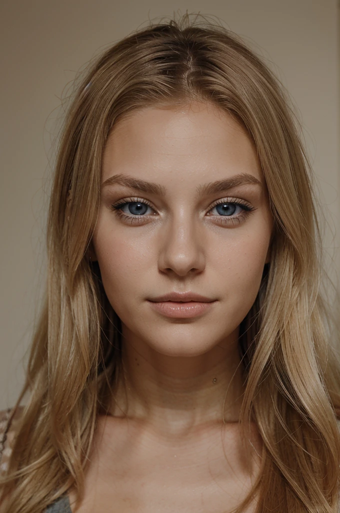 young blonde woman, grain de beauté sur le visage, yeux bleu, cheveux raide, coquine