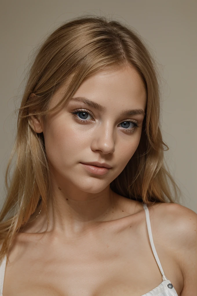 young blonde woman, grain de beauté sur le visage, yeux bleu, cheveux raide, coquine