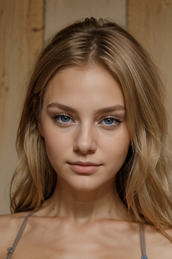 young blonde woman, grain de beauté sur le visage, yeux bleu, cheveux raide, coquine