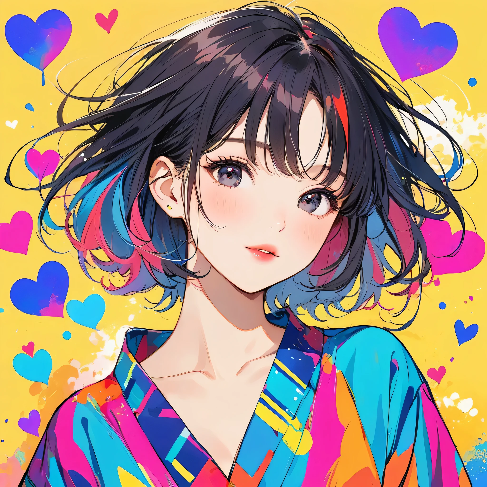 Mika Pikazo colorful style, Simple Line Initialism,Abstract art,Urban Background, (((The most beautiful girl of all time))), Sweet face. Lips in love, colorful hearts, stylish design, black eyes