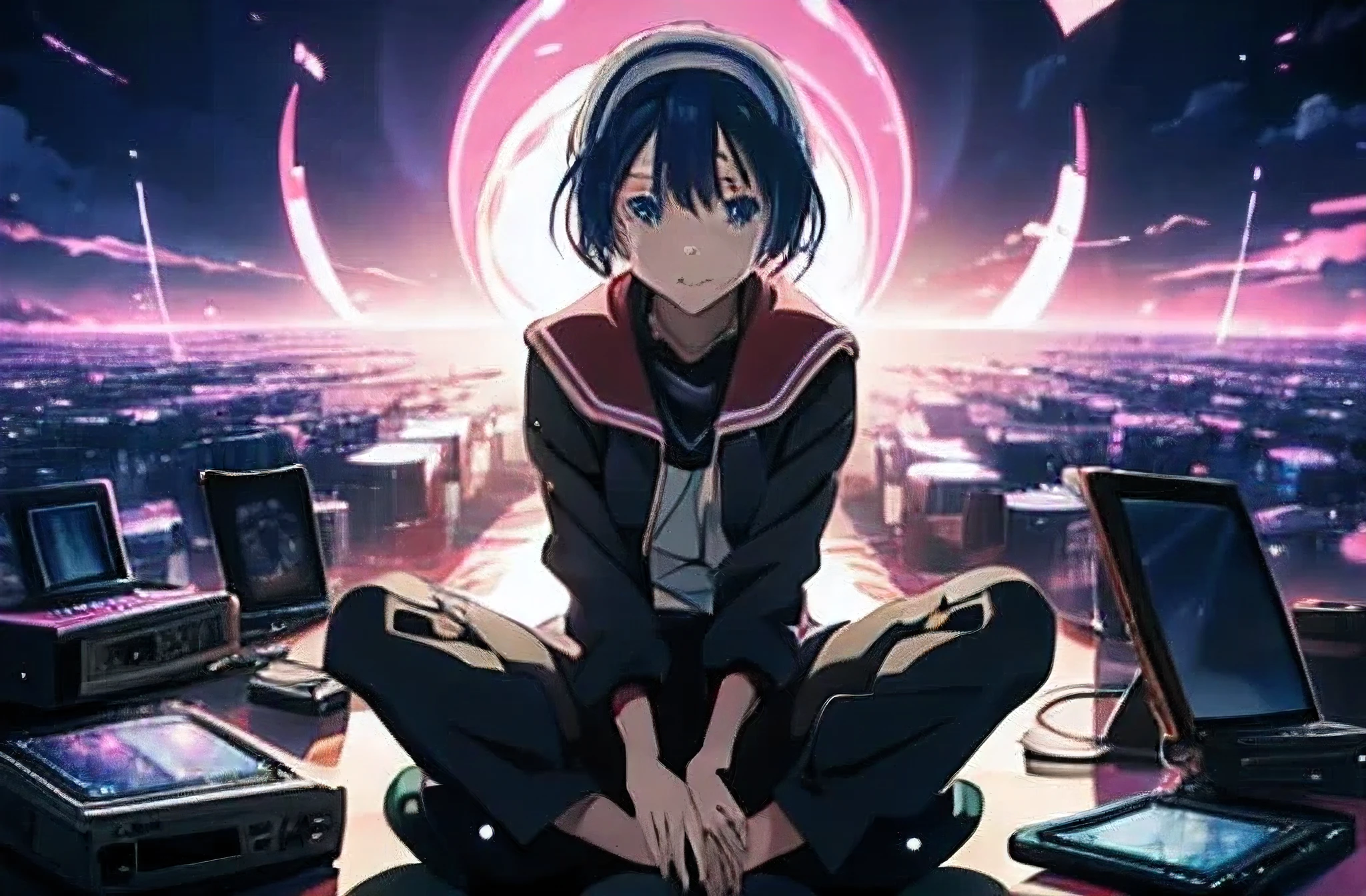 arafed image of a girl sitting on a pile of old electronics, anime style 4 k, 4 k manga wallpaper, dreamy psychedelic anime, anime art wallpaper 4 k, anime art wallpaper 4k, anime art wallpaper 8 k, digital art 4k unsettling, anime! 4 k, anime! 4k, 4k anime wallpaper, ultra hd anime wallpaper