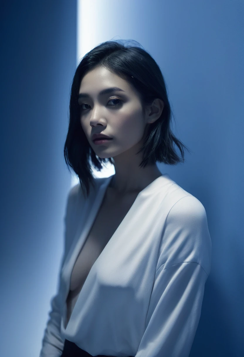 woman bathed in deep blue light, leaning against a wall, looking into the camera in a moment of raw emotion. Her attire is minimal, accentuating her beauty with the dramatic shadows cast by the lighting. The background is stark, with sharp contrasts highlighting the contours of her form. The blue and black palette intensifies the mood, evoking a sense of mystery and allure. Subtle film grain and meticulous shading add depth and texture, emphasizing the emotional gravity of the scene. The lighting creates a chiaroscuro effect, accentuating her expressive pose and the intense atmosphere.