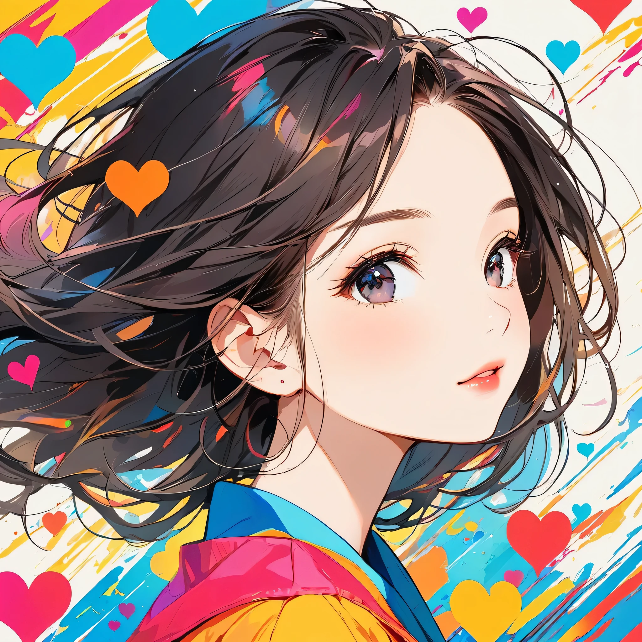 Mika Pikazo colorful style, Simple Line Initialism,Abstract art,Urban Background, (((The most beautiful girl of all time))), Sweet face. Lips in love, colorful hearts, stylish design, black eyes