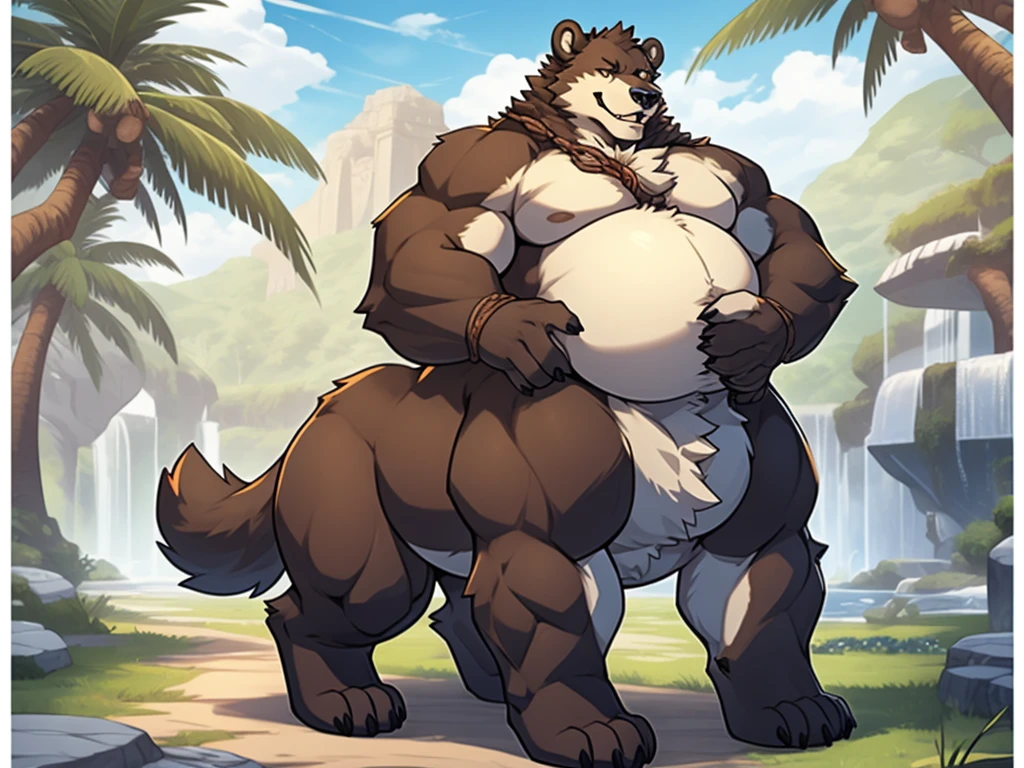 Solo, anthro, male (((bear, red eyes, red iris, black pupils, muscular, huge muscles, broad shoulders, big pecs, abs, black nipples, black hair, black body, brown fur, brown snout, black nose, brown eyebrows, neck tuft, arm tuft, ear tuft, ball tuft, facial tuft, cheek tuft, clawed hands, white claws, pubes, brown inner ear, white thong, big bulge))) standing, smirking, forest, park table, perfect anatomy, full body, by darkgem, by mystikfox61, by glitter trap boy