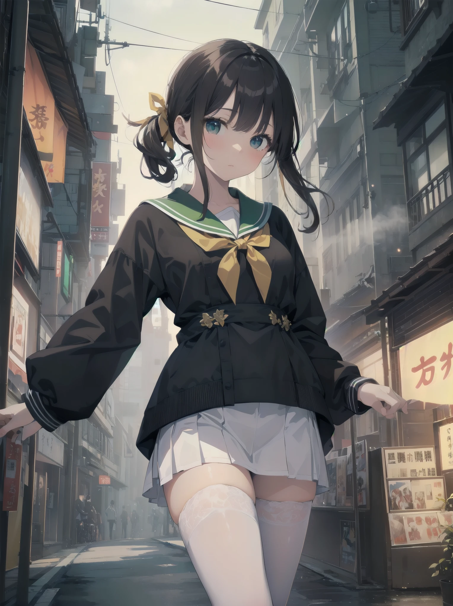 Masterpiece, illustration, super detailed, kawaii, one girl, 独奏, slender 14 year old, Japanese girl, chou chou, ribbon, nape of neck, low ponytail,  cute pose in Less revealing attire, (green sailor outfit, two gold lines), large gold ribbon, priss skirt, black pantyhose, , Long Sleeves, White innerwear for sailor suit, living room, cowgirl shot, sfw, dynamic angle、Close-up on the characters、(building, city、A dense fog of fluorescent particles、１８００Era、Japanese Style、Fiction、grow、Overwhelming、Detailed street）、A beautiful girl with a beautiful background and a super cute pose