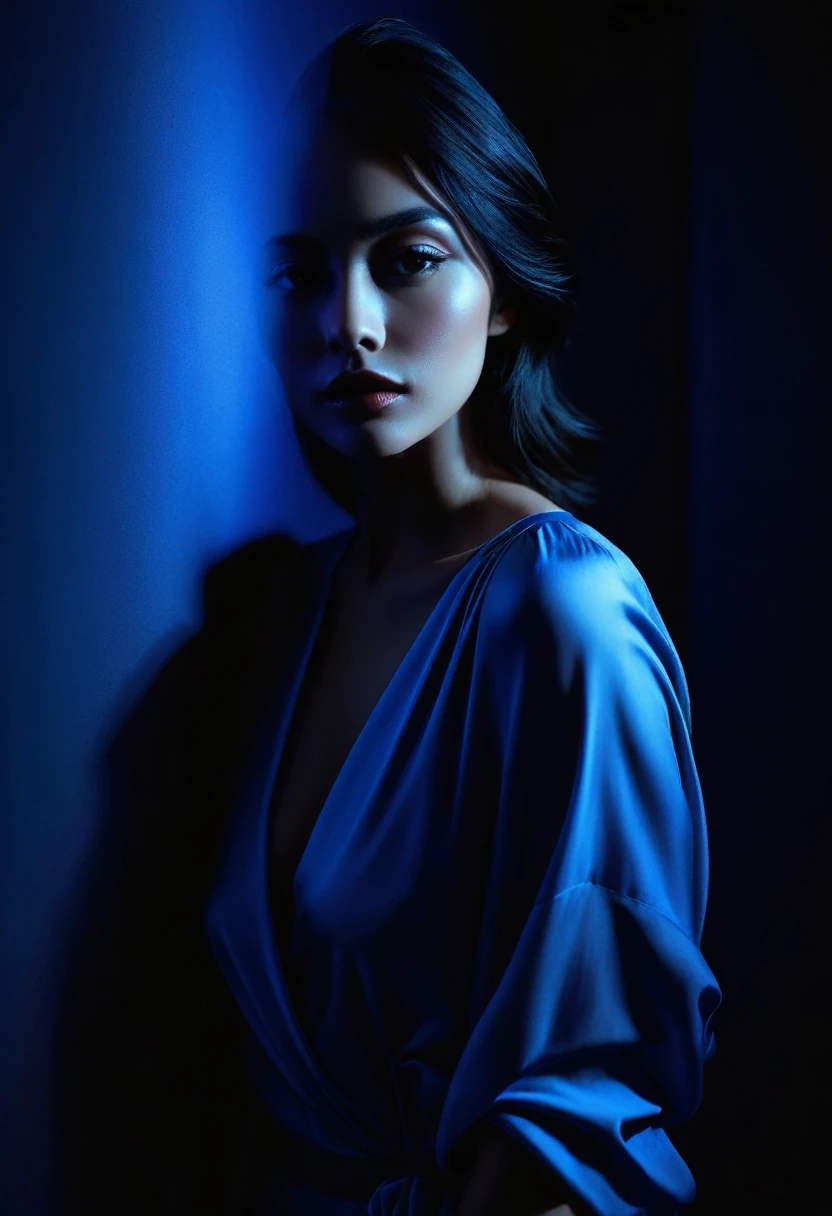 woman bathed in deep blue light, leaning against a wall, looking into the camera in a moment of raw emotion. Her attire is minimal, accentuating her beauty with the dramatic shadows cast by the lighting. The background is stark, with sharp contrasts highlighting the contours of her form. The blue and black palette intensifies the mood, evoking a sense of mystery and allure. Subtle film grain and meticulous shading add depth and texture, emphasizing the emotional gravity of the scene. The lighting creates a chiaroscuro effect, accentuating her expressive pose and the intense atmosphere.