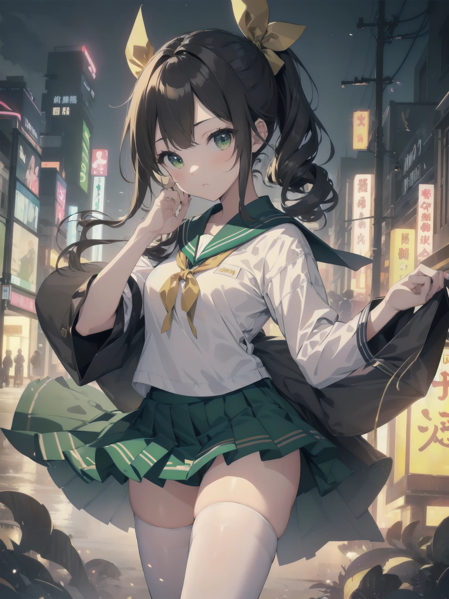 Masterpiece, illustration, super detailed, kawaii, one girl, 独奏, slender 14 year old, Japanese girl, chou chou, ribbon, nape of neck, low ponytail, cute pose in Less revealing attire, (green sailor outfit, two gold lines), large gold ribbon, priss skirt, black pantyhose, , Long Sleeves, White innerwear for sailor suit, living room, cowgirl shot, sfw, dynamic angle、Close-up on the characters、(building, city、A dense fog of fluorescent particles、1800Era、Japanese Style、Fiction、grow、Overwhelming、Detailed street)、A beautiful girl with a beautiful background and a super cute pose
