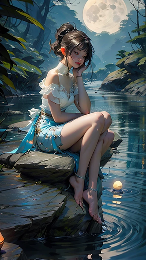 Little sad fairy sitting on a rock by a river lit by the full moon at night