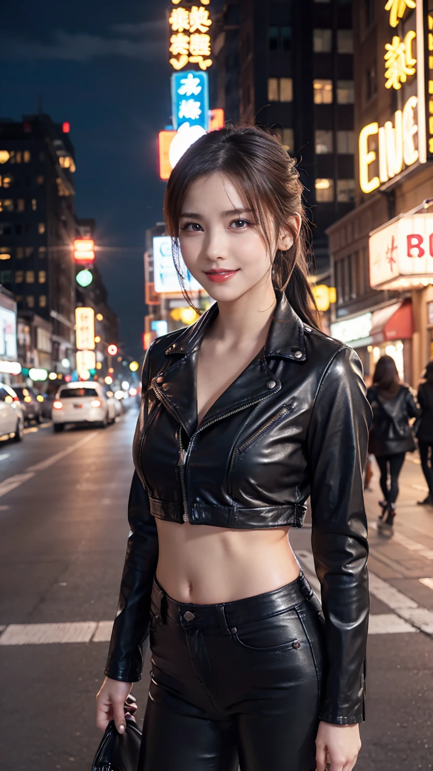 A woman standing on a city street corner at night。She is wearing a tight black leather jacket and、Wearing high-waisted skinny leather pants、She is wearing stiletto heels that accentuate her beautiful legs.。Hair tied up in a ponytail、The red lip complements her bold outfit.。In the background、The view of buildings lit up with neon lights spreads out before you.、It exudes an urban and sophisticated atmosphere.、24-year-old woman、Sexy proportionature female body、Sexy proportionakeup、Lips with red lipstick、Textured skin((textured skin))、smile、Narrow waist