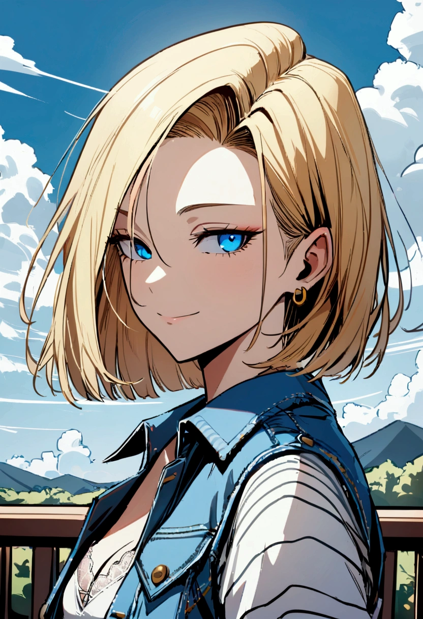 1 Girl, Solitary, Robot 18, Blonde Hair, blue eyes, short hair, Jewelry, earrings, Smile, Jacket, looking off to the side, denim, denim Jacket, Upper Body, underwear, Shut up, cloud, sky空, sky, Look away, blue sky空, collarb,