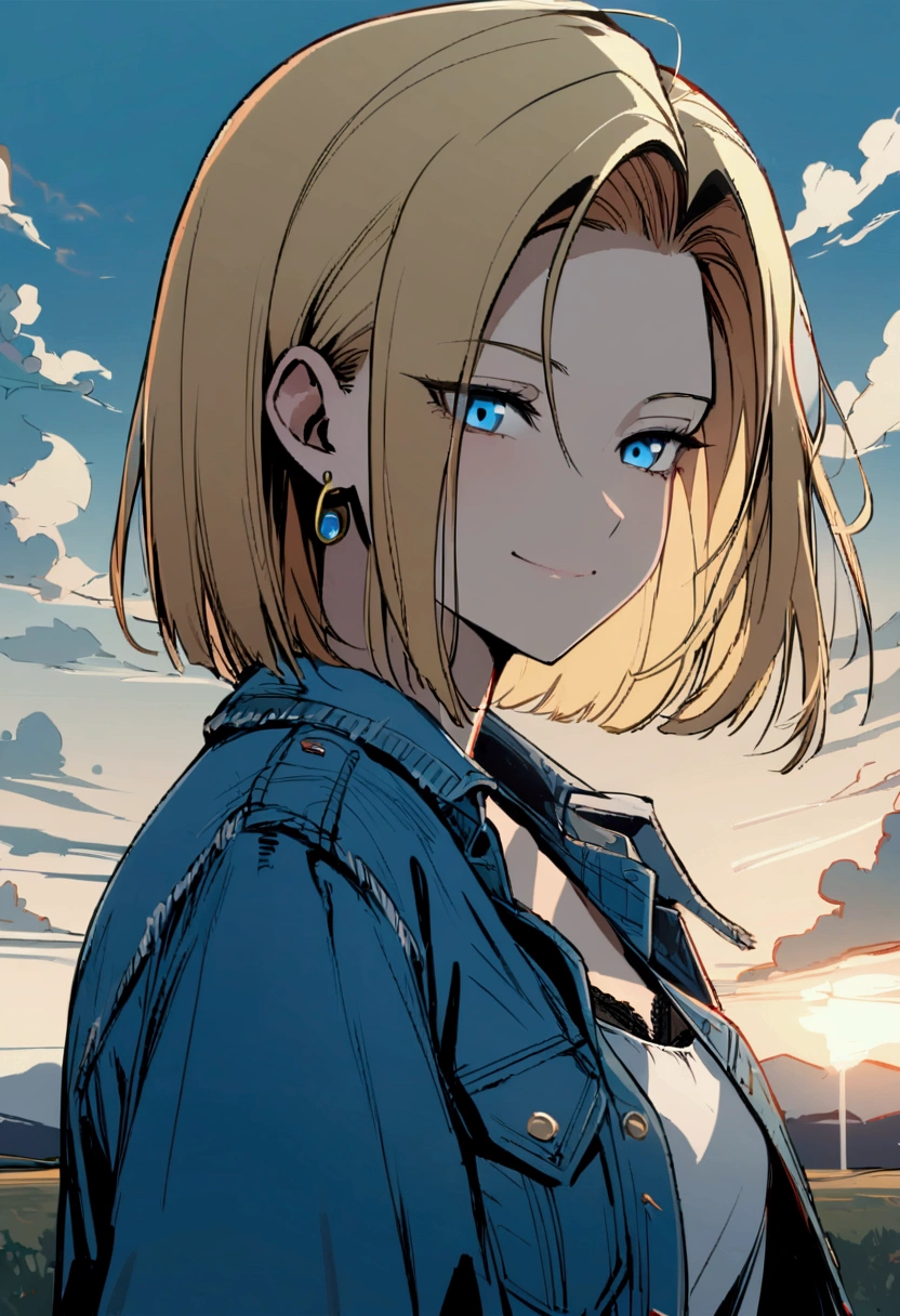 One girl, alone, Android 18, Blonde, blue eyes, short hair, jewelry, Earrings, smile, Jacket, Look to the side, denim, denim Jacket, Upper Body, lingerie, Mouth closed, cloud, null, Day, avert your eyes, blue null, 1 collarb,