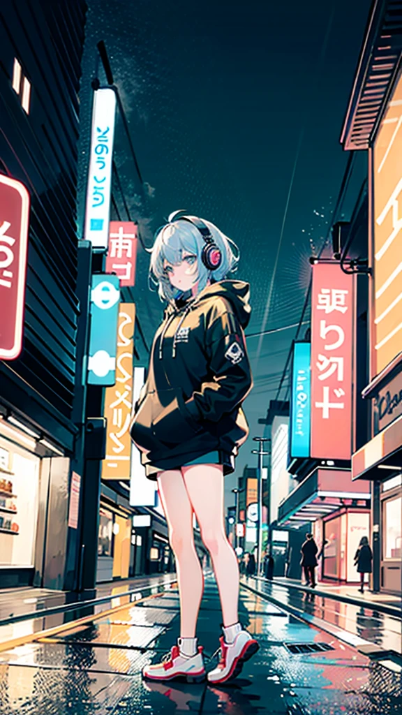 masterpiece, anime girl alone, incredibly absurd, hoodie, headphones, street, outdoor, rain, neon, cyberpunk city, neon lights.