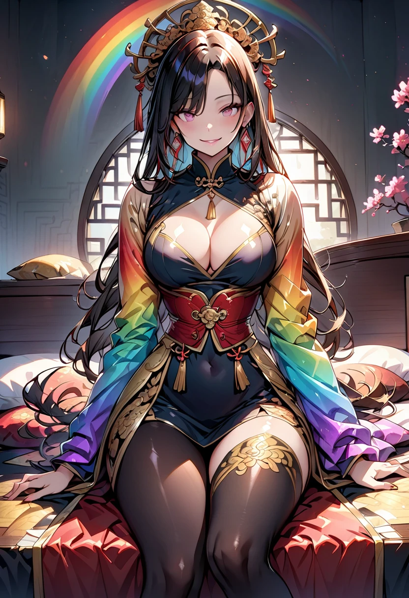 1 mature beautiful woman,(Highest quality,Extremely detailed depiction,Incredibly absurd high resolution,Anatomically accurate depiction,Curvy Legs,Detailed pupil),(Glowing Skin,Shiny skin),(A charming Chinese noble lady),(The intricately constructed costume of a Chinese goddess,See-through,Intricate embroidery,Shiny fabric,Rainbow gradient sleeves,black tights),eyelash,(Pink Eyes,Crazy Eyes,There is cleavage in the chest,Wicked Smile,Glossy Red Lips,Flashy makeup,Seductive gestures),Luxury accessories,earrings,necklace,whole body,background:Chinese-style mansion