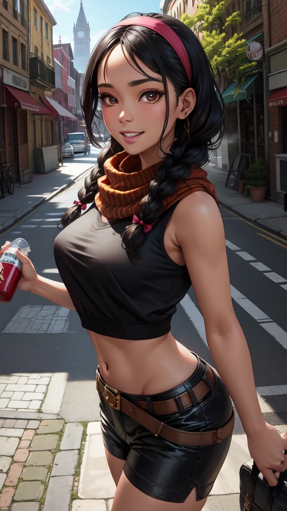 Kimberly, black hair, brown eyes,  long braids,   two-tone hair, 
bow hairband, red shirt, puffy short sleeves, midriff , arm wrap, black hip vent, scarf,   black legwear, 
standing, upper body,  
streets, night, graffiti,  urban, 
 looking at viewer,  grin, 
(insanely detailed, beautiful detailed face,beautiful detailed eyes, masterpiece, best quality), solo, 
 absurdres, highres, ultra detailed,
BREAK
, Create an image using a prism effect, with light refracting and creating a colorful, kaleidoscopic appearance.
BREAK
, Design an image with a fisheye lens effect, capturing a wide field of view with a distinctive, curved perspective.
BREAK
, Capture a city scape, with towering buildings, dappled sunlight, and a sense of tranquility and natural beauty.
BREAK
, Illustrate a vivid world, using spray paint shades to convey depth, emotion, and a striking visual impact.