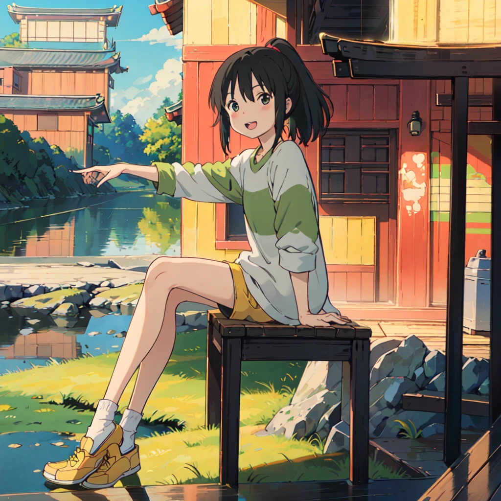 (masterpiece:1.4), (best qualit:1.4), (high resolution:1.4), ogino chihiro, ponytail, long arm shirt, shorts, yellow shoes, outdoors, east asian architecture, smile, ;D ,colorful, high contrast