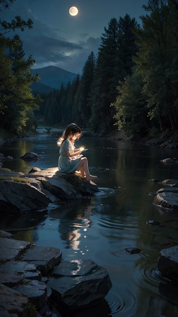 Little sad fairy sitting on a rock by a river lit by the full moon at night