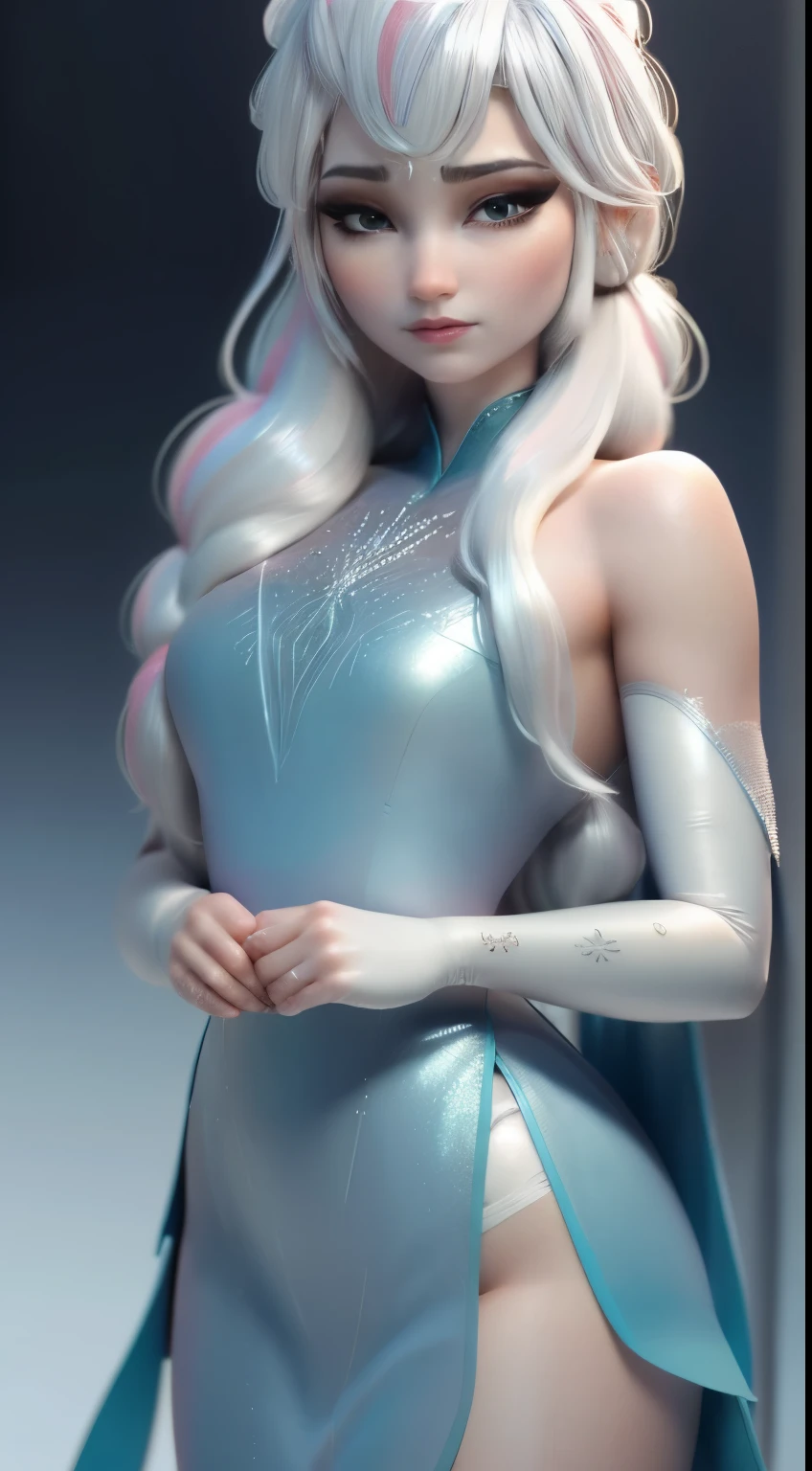 young Elsa, best quality, masterpiece, (elsa:0.8), upper body, blue eyes, long frozen t-shirt, shirt top breasted crystal style, crystal chest, modern snow queen fashion , blue frozen modern t-shirt , Young modern fashion, model Elsa, white background, model studio white background.
