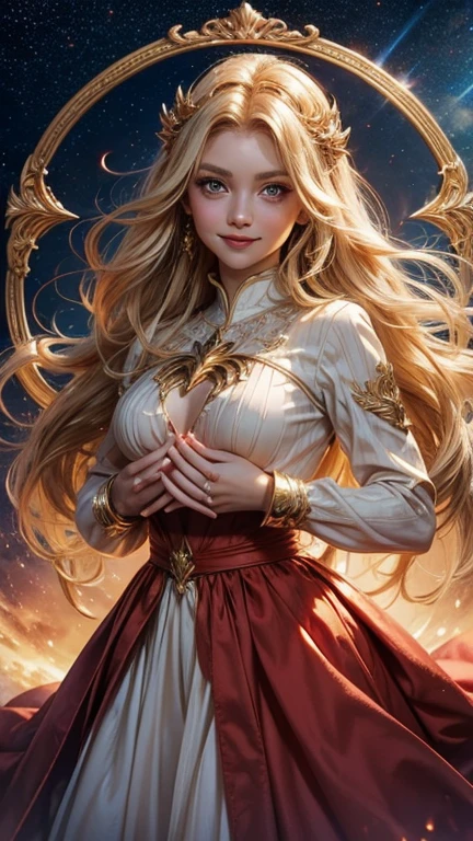 A pure and beautiful girl, Cupid, Facing directly at the viewer, Body facing the viewer, A kind smile, Big eyes, blonde, Hide your chest, A neat dress with loose sleeves, A god with many shining stars々New Background, Prayer-like pose, Realistic,Holding a red gemstone in front of his chest with both hands
