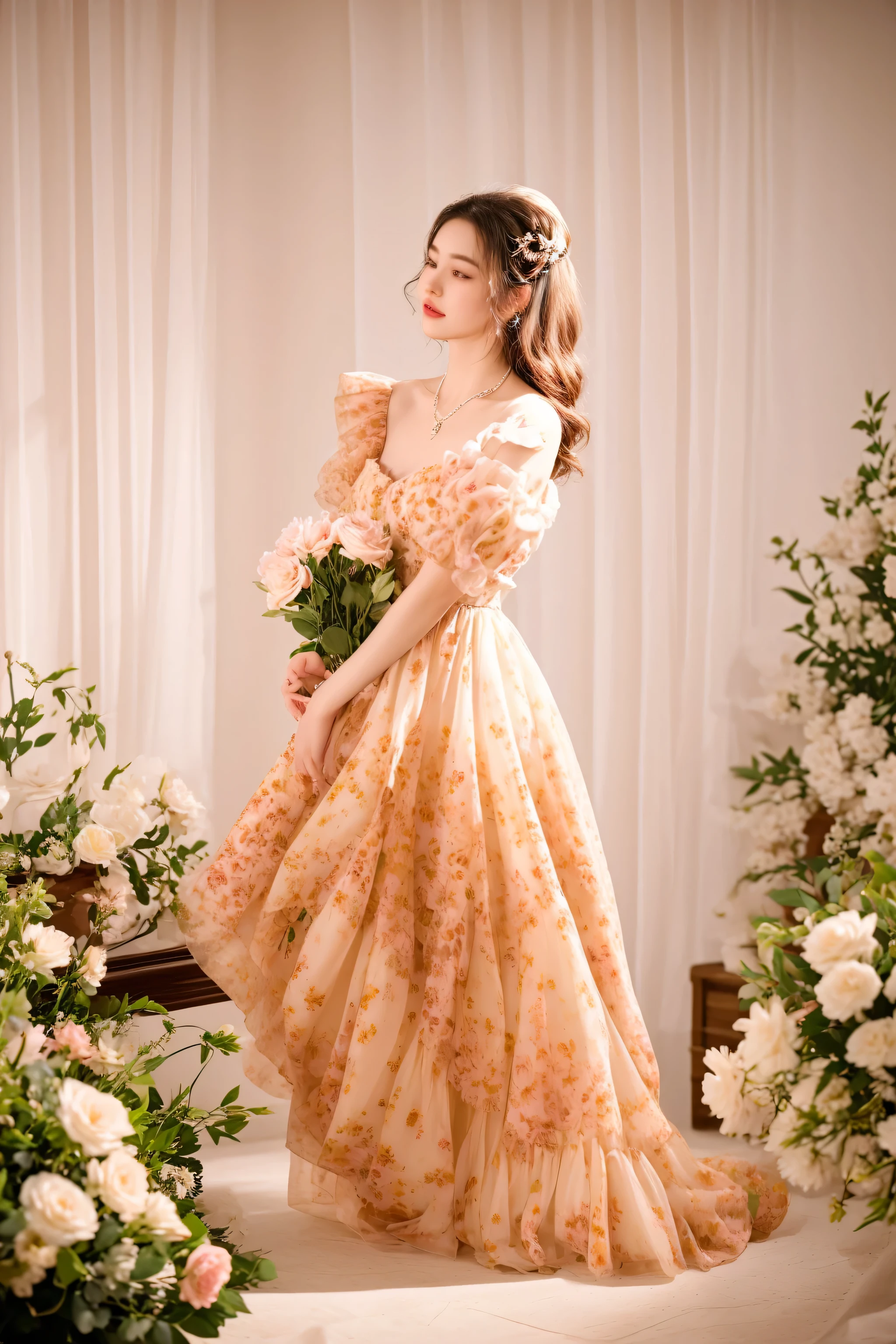 there is a woman in a dress standing in a room with flowers, romantic dress, lady with glowing flowers dress, wearing organza gown, floral dream, wearing a long flowery dress, rococo dress, romantic gown, flower dress, fantasy dress, flowery dress, floral art novuea dress, elegant dress, dreamy style, flowing dress, dreamy and ethereal