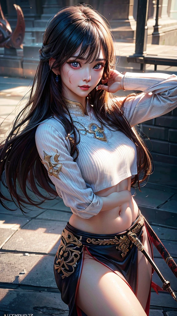 a woman warrior holding a sword,beautiful detailed eyes,beautiful detailed lips,extremely detailed eyes and face,longeyelashes,1girl,digital painting,hyperrealistic,extremely detailed,artstation contest winner,by raymond han,alexey egorov,exposed belly button,covered in blood,(best quality,4k,8k,highres,masterpiece:1.2),ultra-detailed,(realistic,photorealistic,photo-realistic:1.37),vivid colors,studio lighting,professional